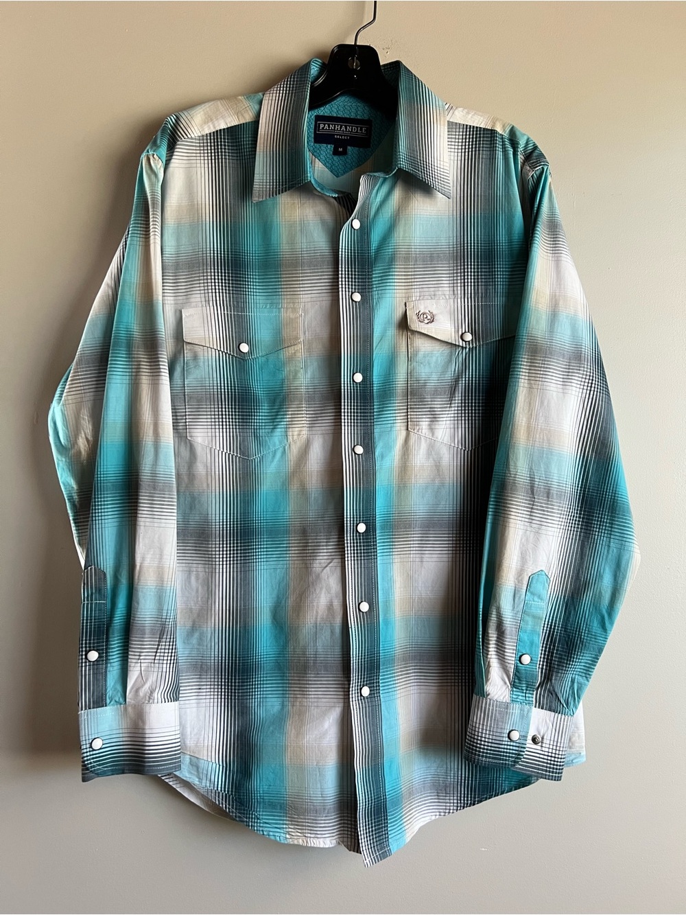 Panhandle Men Size Medium Blue White Plaid Long Sleeve Button Dress Shirt Casual